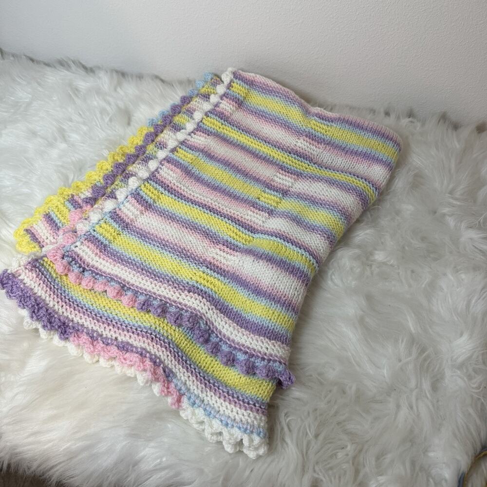 Crochet BABY AFGHAN Blanket Handmade Pastel Yellow Pink Purple Stripes 37"x 24"